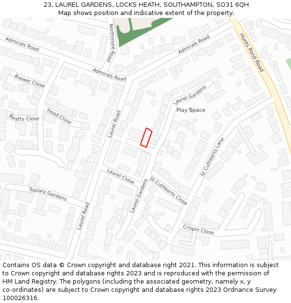 23, LAUREL GARDENS, LOCKS HEATH, SOUTHAMPTON, SO31 6QH: Location map and indicative extent of plot
