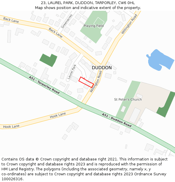 23, LAUREL PARK, DUDDON, TARPORLEY, CW6 0HL: Location map and indicative extent of plot