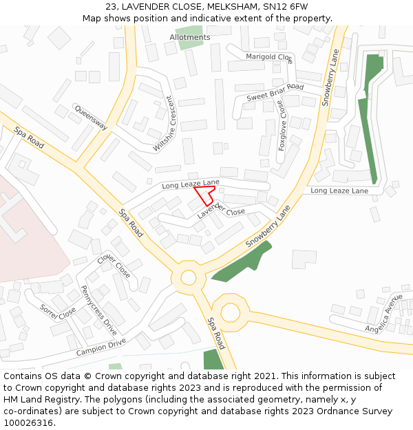 23, LAVENDER CLOSE, MELKSHAM, SN12 6FW: Location map and indicative extent of plot