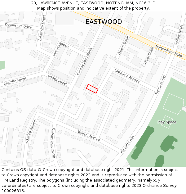 23, LAWRENCE AVENUE, EASTWOOD, NOTTINGHAM, NG16 3LD: Location map and indicative extent of plot