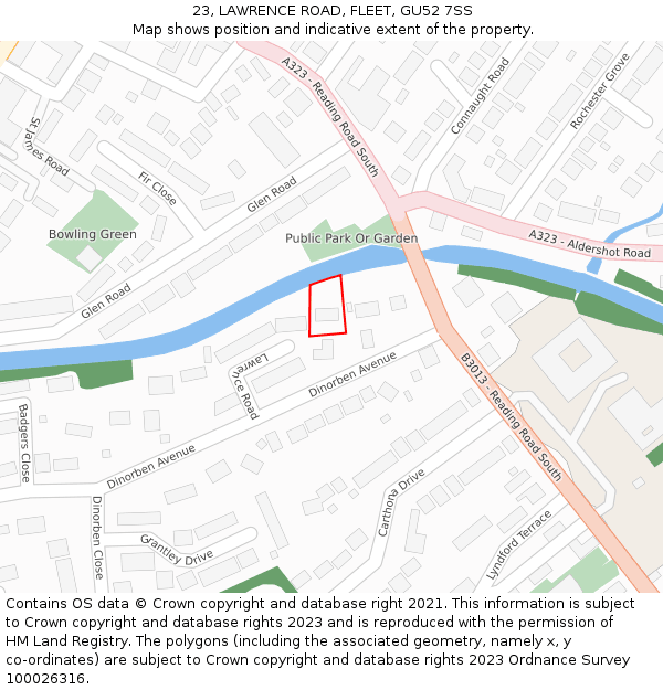 23, LAWRENCE ROAD, FLEET, GU52 7SS: Location map and indicative extent of plot