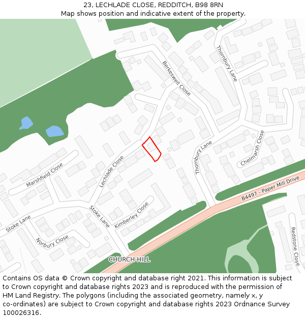 23, LECHLADE CLOSE, REDDITCH, B98 8RN: Location map and indicative extent of plot