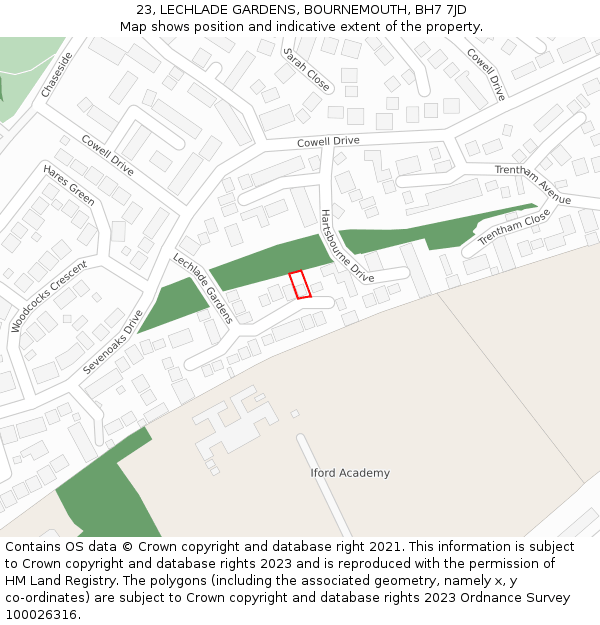 23, LECHLADE GARDENS, BOURNEMOUTH, BH7 7JD: Location map and indicative extent of plot