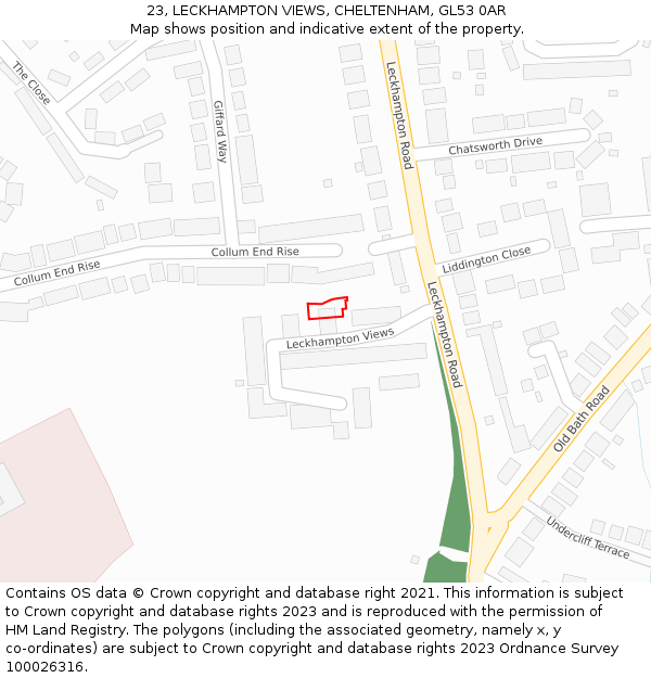 23, LECKHAMPTON VIEWS, CHELTENHAM, GL53 0AR: Location map and indicative extent of plot