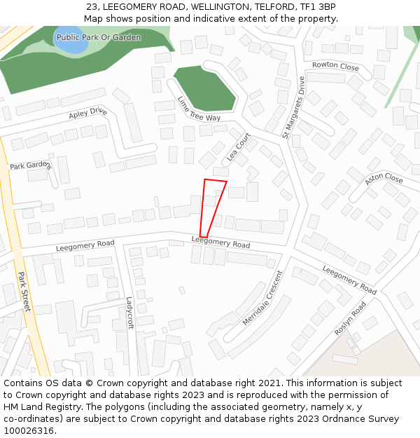 23, LEEGOMERY ROAD, WELLINGTON, TELFORD, TF1 3BP: Location map and indicative extent of plot