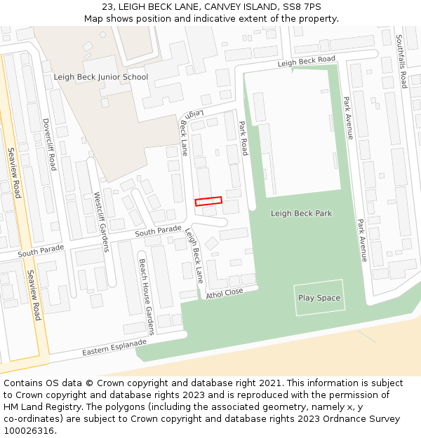 23, LEIGH BECK LANE, CANVEY ISLAND, SS8 7PS: Location map and indicative extent of plot