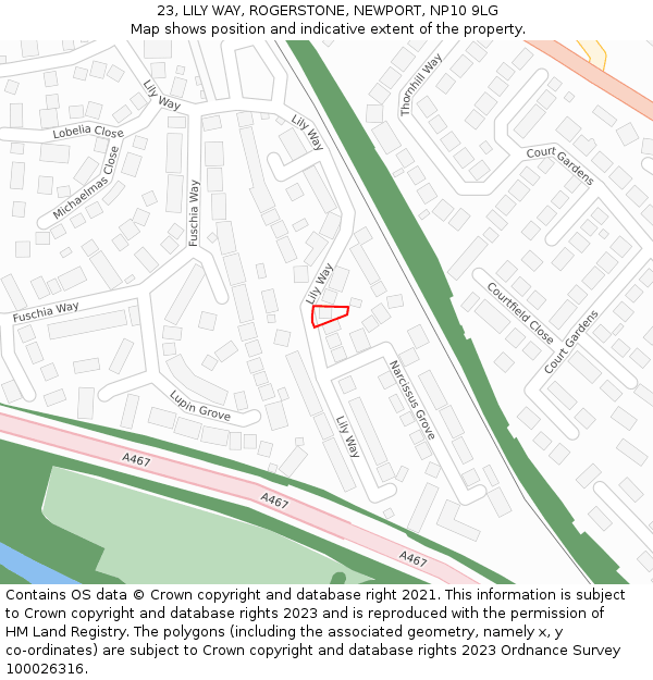 23, LILY WAY, ROGERSTONE, NEWPORT, NP10 9LG: Location map and indicative extent of plot