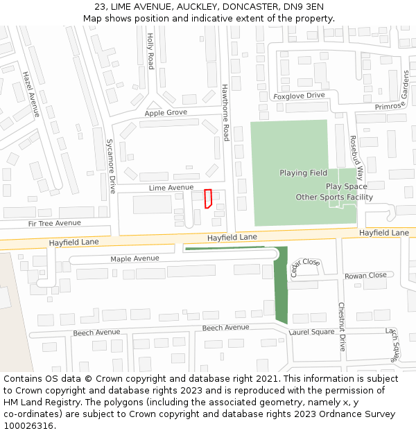 23, LIME AVENUE, AUCKLEY, DONCASTER, DN9 3EN: Location map and indicative extent of plot