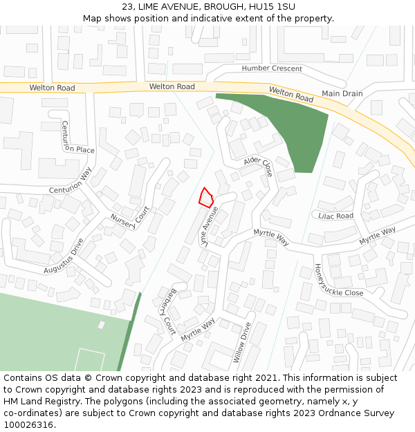 23, LIME AVENUE, BROUGH, HU15 1SU: Location map and indicative extent of plot