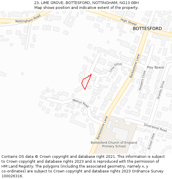 23, LIME GROVE, BOTTESFORD, NOTTINGHAM, NG13 0BH: Location map and indicative extent of plot