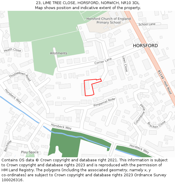 23, LIME TREE CLOSE, HORSFORD, NORWICH, NR10 3DL: Location map and indicative extent of plot