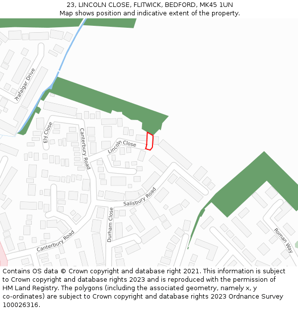 23, LINCOLN CLOSE, FLITWICK, BEDFORD, MK45 1UN: Location map and indicative extent of plot