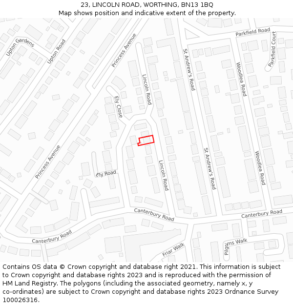 23, LINCOLN ROAD, WORTHING, BN13 1BQ: Location map and indicative extent of plot