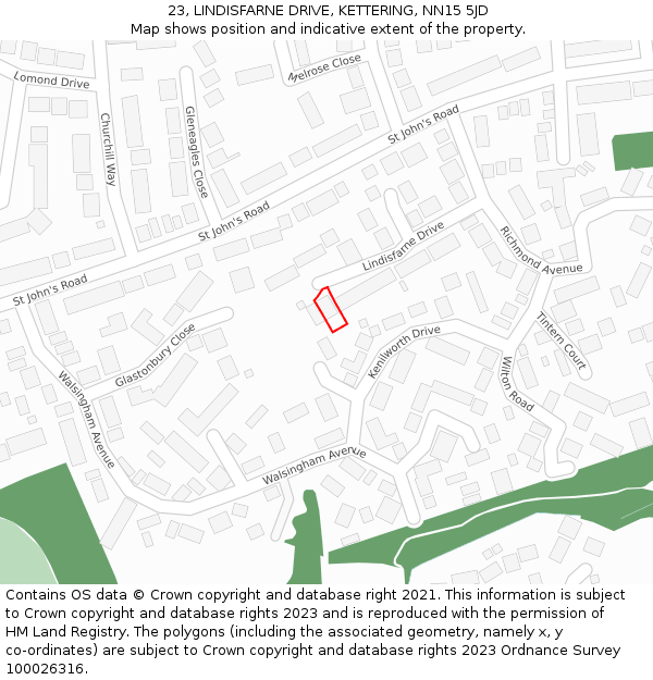 23, LINDISFARNE DRIVE, KETTERING, NN15 5JD: Location map and indicative extent of plot