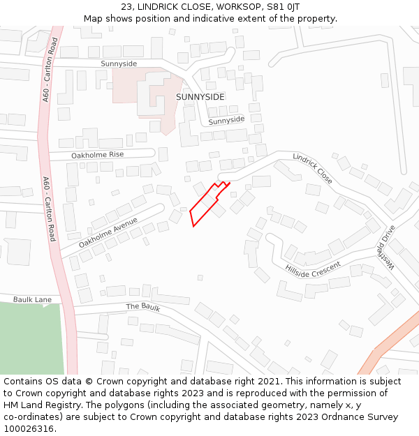 23, LINDRICK CLOSE, WORKSOP, S81 0JT: Location map and indicative extent of plot