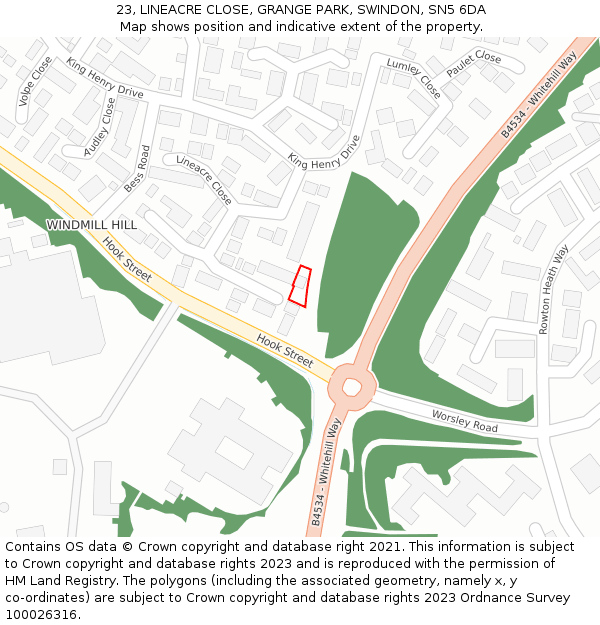 23, LINEACRE CLOSE, GRANGE PARK, SWINDON, SN5 6DA: Location map and indicative extent of plot