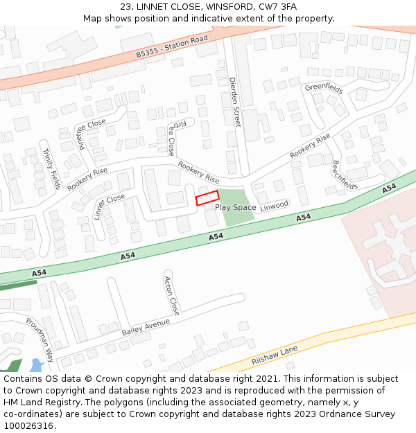 23, LINNET CLOSE, WINSFORD, CW7 3FA: Location map and indicative extent of plot