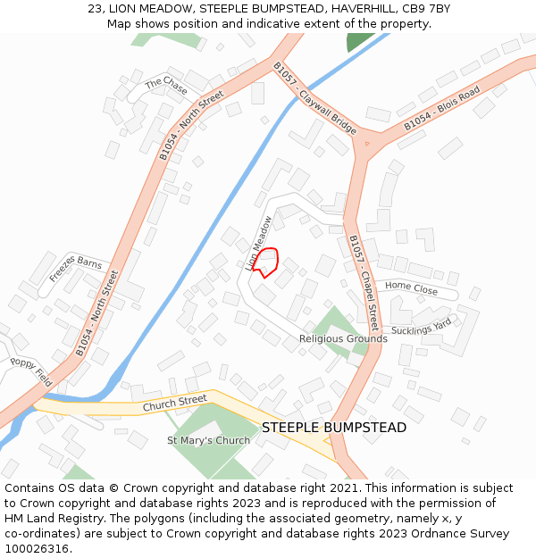 23, LION MEADOW, STEEPLE BUMPSTEAD, HAVERHILL, CB9 7BY: Location map and indicative extent of plot