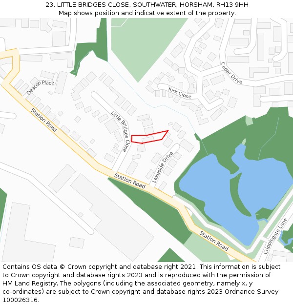 23, LITTLE BRIDGES CLOSE, SOUTHWATER, HORSHAM, RH13 9HH: Location map and indicative extent of plot