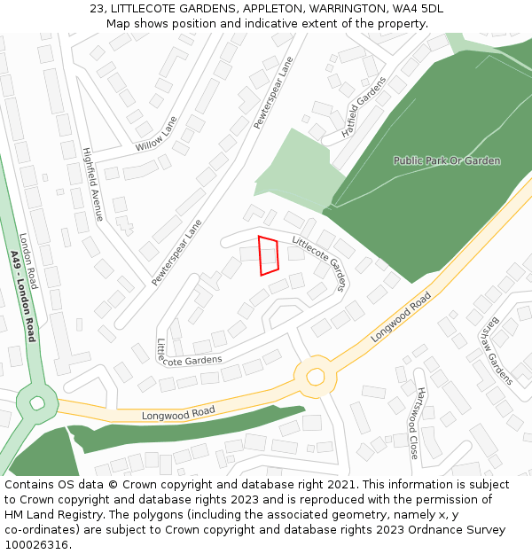 23, LITTLECOTE GARDENS, APPLETON, WARRINGTON, WA4 5DL: Location map and indicative extent of plot