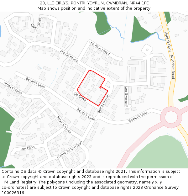 23, LLE EIRLYS, PONTRHYDYRUN, CWMBRAN, NP44 1FE: Location map and indicative extent of plot