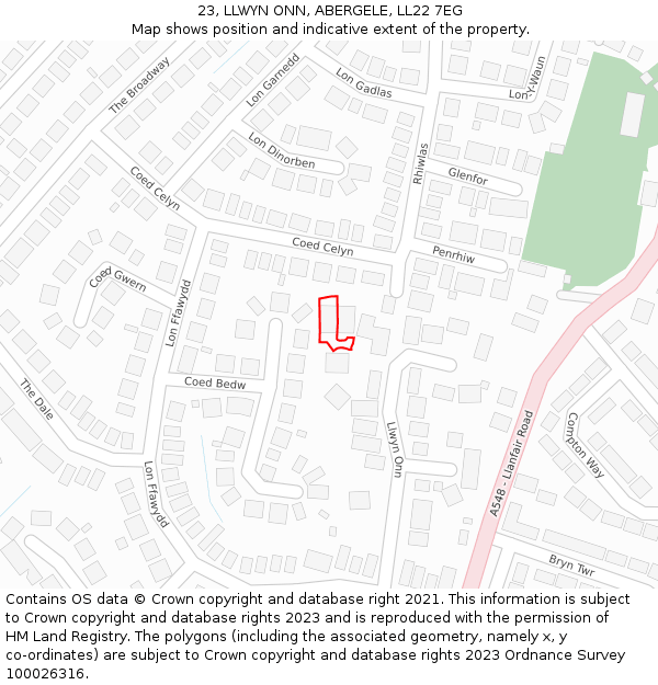 23, LLWYN ONN, ABERGELE, LL22 7EG: Location map and indicative extent of plot