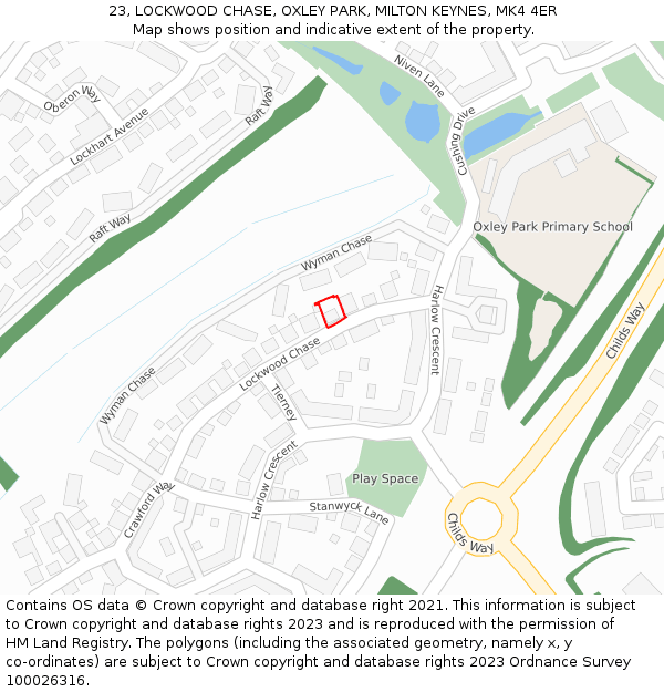 23, LOCKWOOD CHASE, OXLEY PARK, MILTON KEYNES, MK4 4ER: Location map and indicative extent of plot