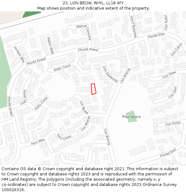 23, LON BEDW, RHYL, LL18 4FY: Location map and indicative extent of plot