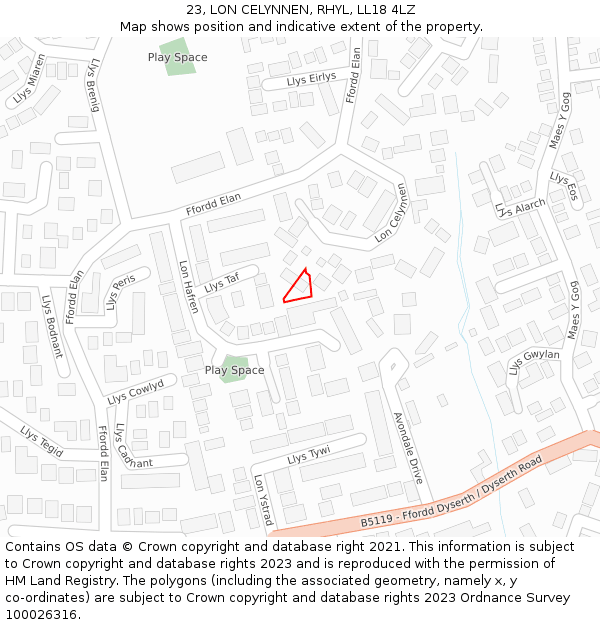 23, LON CELYNNEN, RHYL, LL18 4LZ: Location map and indicative extent of plot