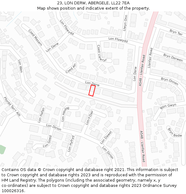 23, LON DERW, ABERGELE, LL22 7EA: Location map and indicative extent of plot