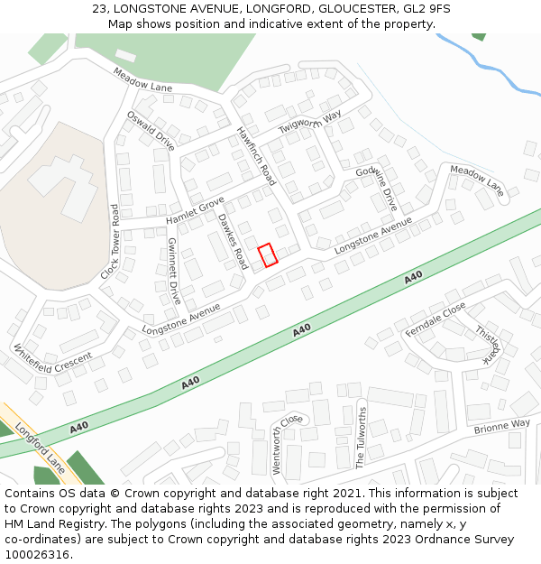 23, LONGSTONE AVENUE, LONGFORD, GLOUCESTER, GL2 9FS: Location map and indicative extent of plot