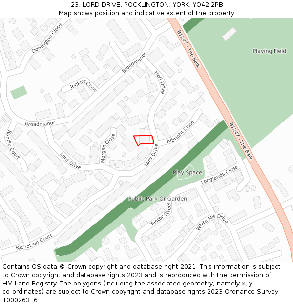 23, LORD DRIVE, POCKLINGTON, YORK, YO42 2PB: Location map and indicative extent of plot