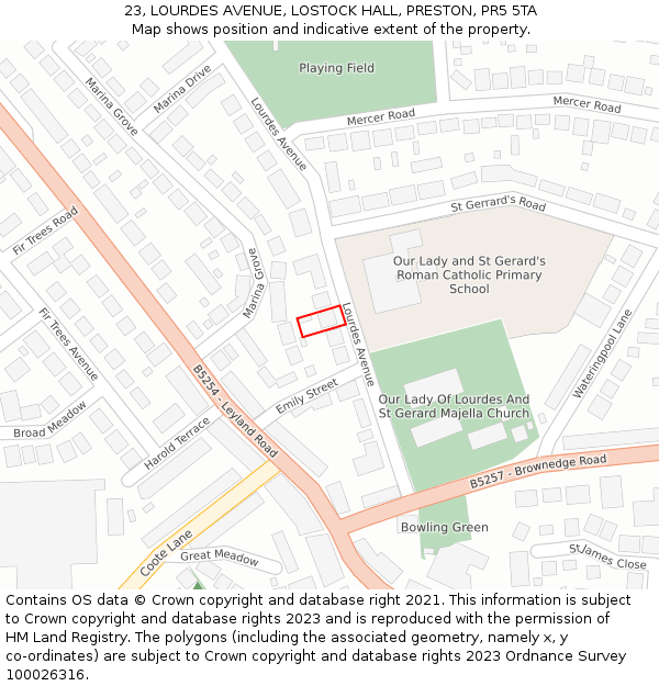 23, LOURDES AVENUE, LOSTOCK HALL, PRESTON, PR5 5TA: Location map and indicative extent of plot