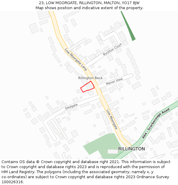 23, LOW MOORGATE, RILLINGTON, MALTON, YO17 8JW: Location map and indicative extent of plot