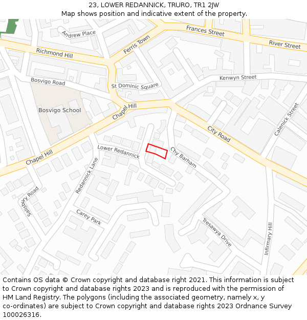 23, LOWER REDANNICK, TRURO, TR1 2JW: Location map and indicative extent of plot