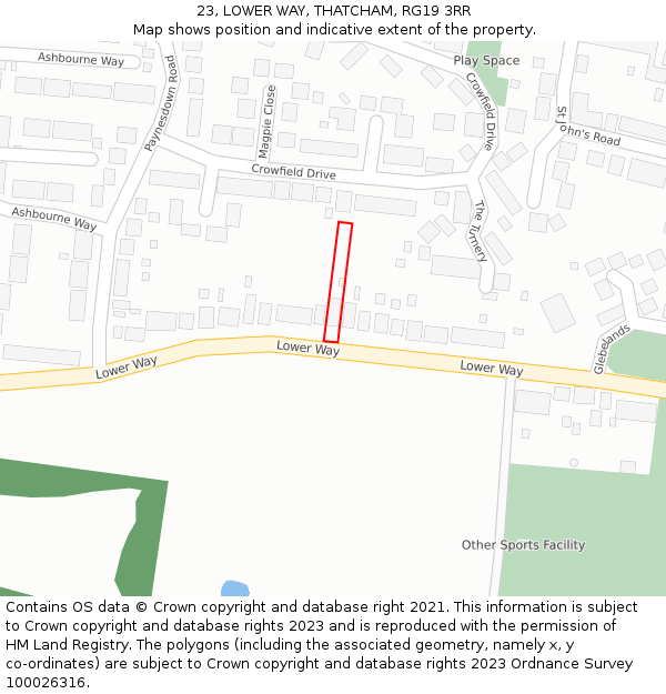 23, LOWER WAY, THATCHAM, RG19 3RR: Location map and indicative extent of plot