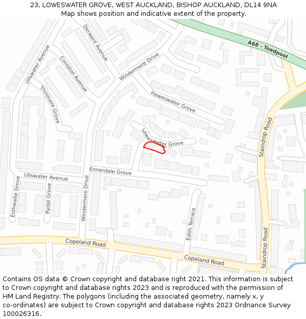 23, LOWESWATER GROVE, WEST AUCKLAND, BISHOP AUCKLAND, DL14 9NA: Location map and indicative extent of plot