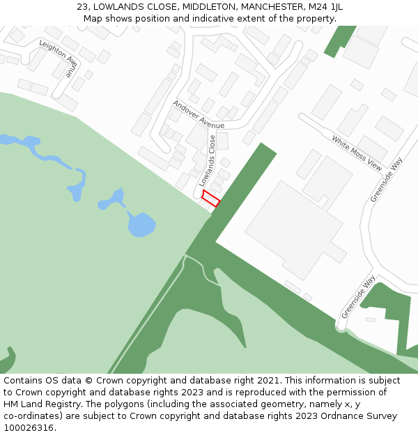 23, LOWLANDS CLOSE, MIDDLETON, MANCHESTER, M24 1JL: Location map and indicative extent of plot