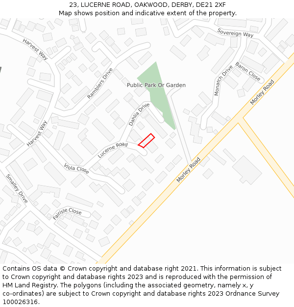 23, LUCERNE ROAD, OAKWOOD, DERBY, DE21 2XF: Location map and indicative extent of plot