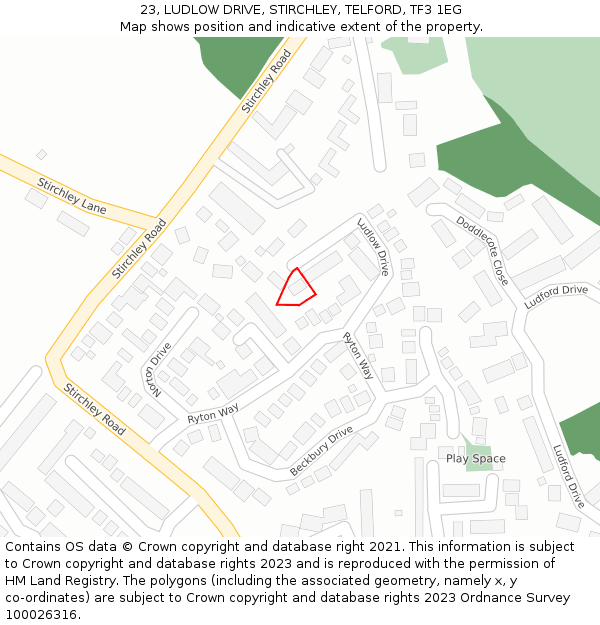 23, LUDLOW DRIVE, STIRCHLEY, TELFORD, TF3 1EG: Location map and indicative extent of plot