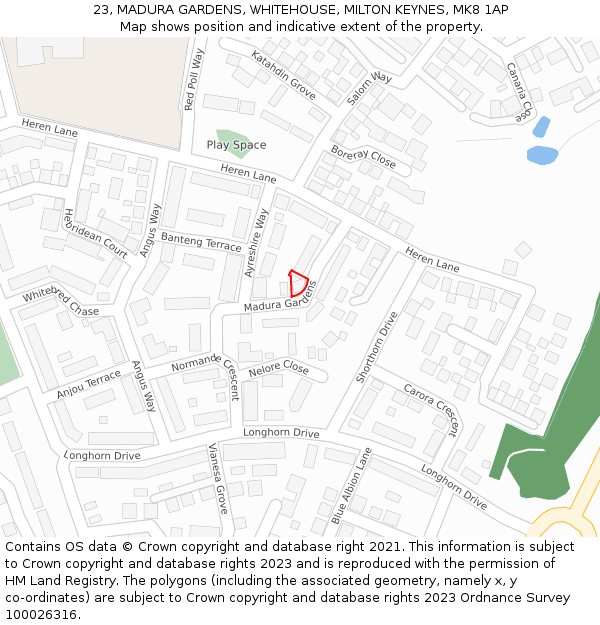 23, MADURA GARDENS, WHITEHOUSE, MILTON KEYNES, MK8 1AP: Location map and indicative extent of plot