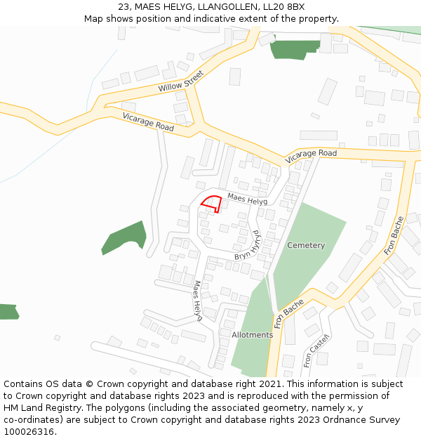23, MAES HELYG, LLANGOLLEN, LL20 8BX: Location map and indicative extent of plot