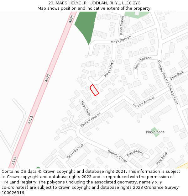 23, MAES HELYG, RHUDDLAN, RHYL, LL18 2YG: Location map and indicative extent of plot