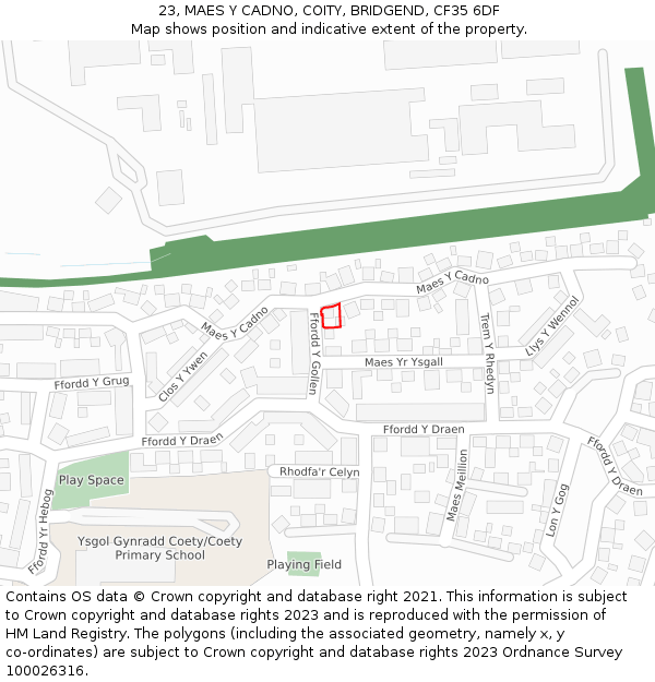 23, MAES Y CADNO, COITY, BRIDGEND, CF35 6DF: Location map and indicative extent of plot