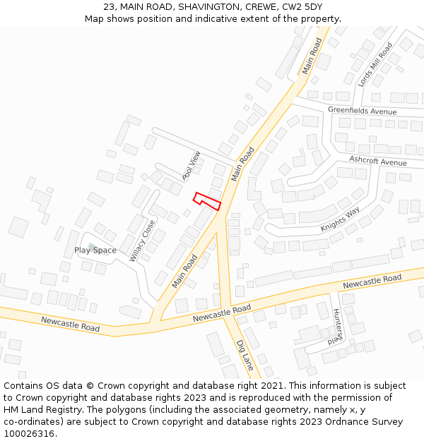 23, MAIN ROAD, SHAVINGTON, CREWE, CW2 5DY: Location map and indicative extent of plot