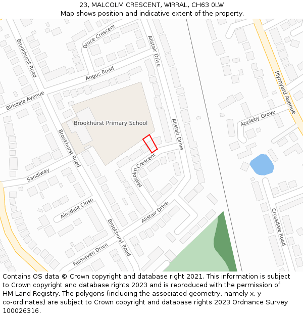 23, MALCOLM CRESCENT, WIRRAL, CH63 0LW: Location map and indicative extent of plot
