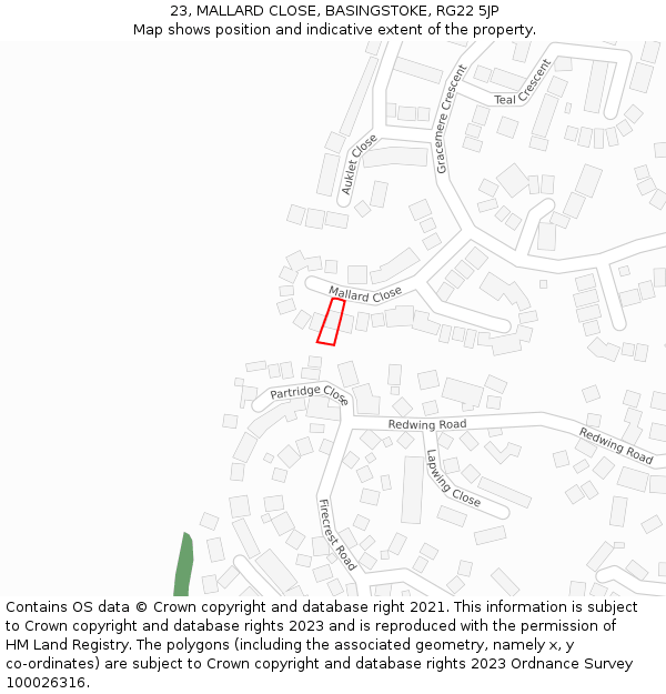 23, MALLARD CLOSE, BASINGSTOKE, RG22 5JP: Location map and indicative extent of plot