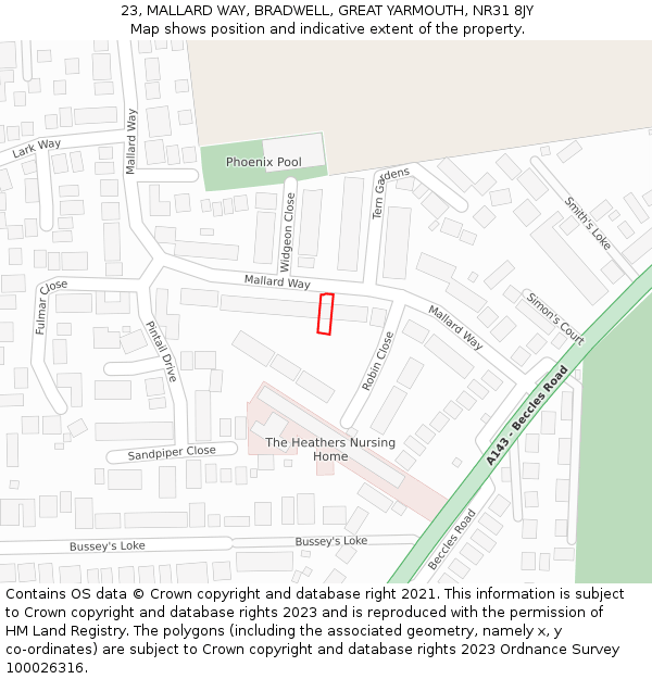 23, MALLARD WAY, BRADWELL, GREAT YARMOUTH, NR31 8JY: Location map and indicative extent of plot