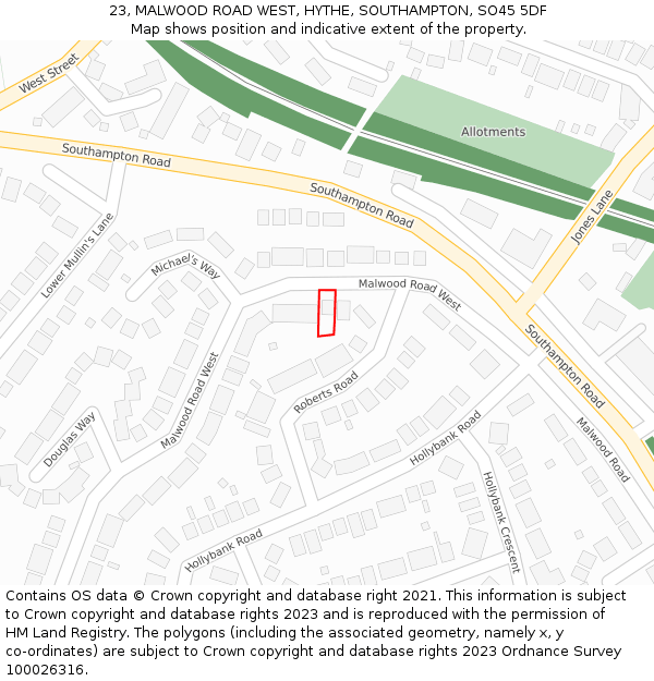 23, MALWOOD ROAD WEST, HYTHE, SOUTHAMPTON, SO45 5DF: Location map and indicative extent of plot