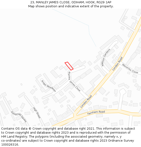 23, MANLEY JAMES CLOSE, ODIHAM, HOOK, RG29 1AP: Location map and indicative extent of plot